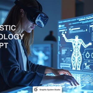 Puede incluir: Una persona con un casco de realidad virtual interactúa con una interfaz informática futurista. La imagen presenta el texto "66 FUTURISTIC TECHNOLOGY CONCEPT" en blanco. La interfaz muestra visualizaciones de datos y un contorno del cuerpo humano.