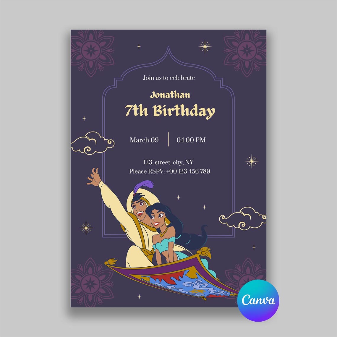 Aladdin Birthday Invitation Template: Editable Digital Card (5x7 Inches ...
