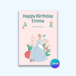 Modelo de cartão de aniversário da Princesa Cinderela Cartão digital de aniversário Cartão de aniversário editável para festa de aniversário em família Modelo de cartão de presente