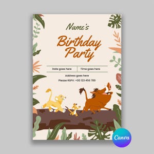 Modèle d'invitation d'anniversaire Le Roi Lion Carte numérique d'anniversaire Invitation modifiable pour une fête d'anniversaire en famille Modèle de carte-cadeau
