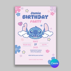 Modèle d'invitation d'anniversaire Lilo Stitch Carte numérique d'anniversaire Modèle de carte-cadeau d'invitation modifiable pour une fête d'anniversaire en famille