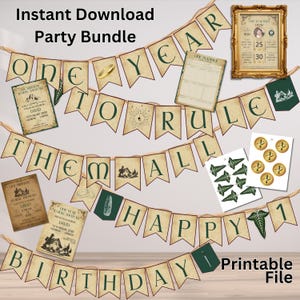 May include: A party bundle with the text "ONE YEAR TO RULE THEM ALL HAPPY BIRTHDAY 1". The banner is tan with green lettering and includes printable files, a gold ring, and other decorative elements.
