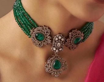 Sabyasachi inspired Premium Emerald Green Moissanite Kundan Choker Polki Jewelry Indian Victorian Green Stone Kundan Set Statement Choker