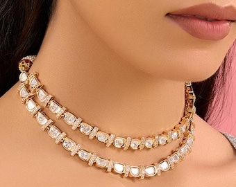 Gold Kundan Polki Layered Necklace Set – Indian Bridal Wedding Jewelry,  Moissanite Indian Jewellery layered gold necklace gift artificial