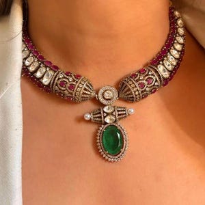 Indian Polki Necklace Emerald Green Ruby Pink Red Kundan Necklace - Sabyasachi Inspired Moissanite Polki Choker