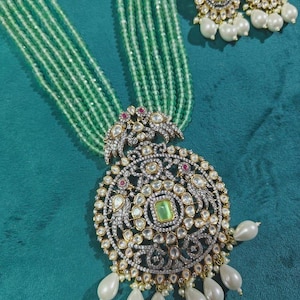 Mint Green Victorian-Style Long Kundan Necklace | Raani Haar | Artificial Indian Jewelry | South Asian Bridal Jewelry | Pakistani Jewelry image 2