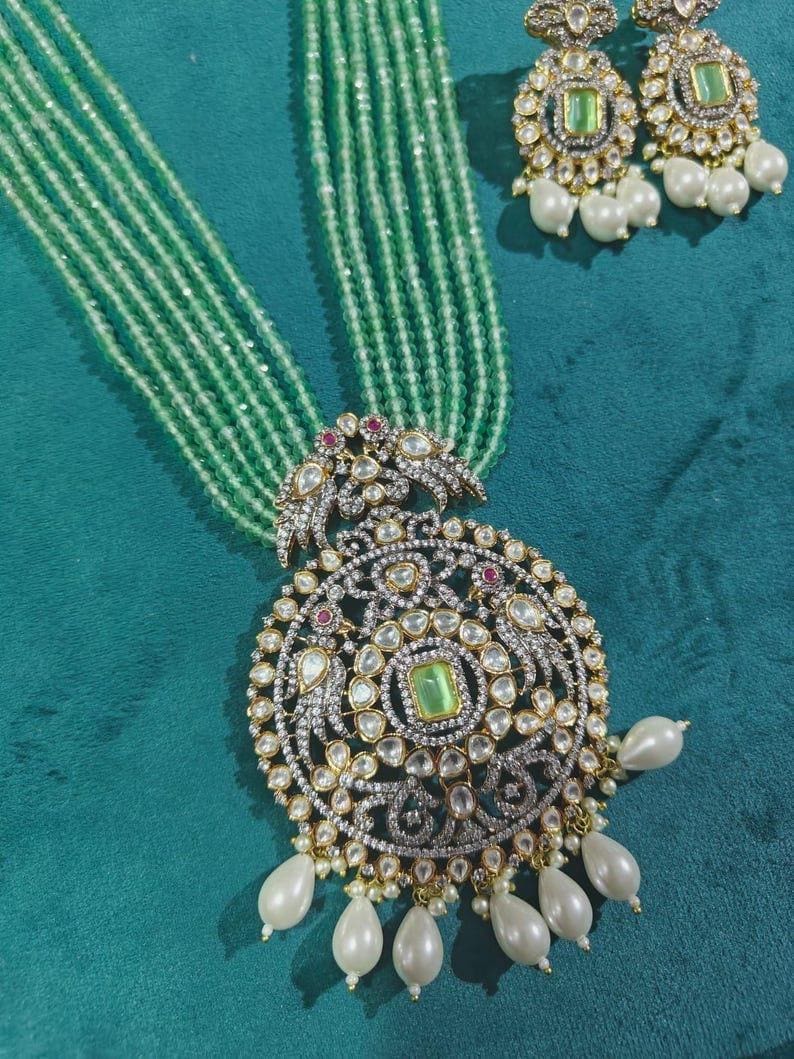 Mint Green Victorian-Style Long Kundan Necklace | Raani Haar | Artificial Indian Jewelry | South Asian Bridal Jewelry | Pakistani Jewelry image 2