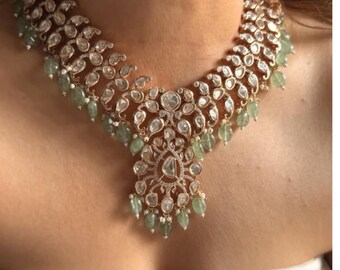 Stunning Mint Green Moissanite Kundan Bridal Indian Polki Necklace Set - Statement Green White Necklace with Earrings