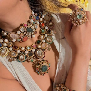 Premium Quality Navratan Sabyasachi Replica Indian Jewelry Kundan Necklace Full Set