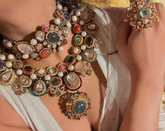 Premium Quality Navratan Sabyasachi Replica Indian Jewelry Kundan Necklace Full Set