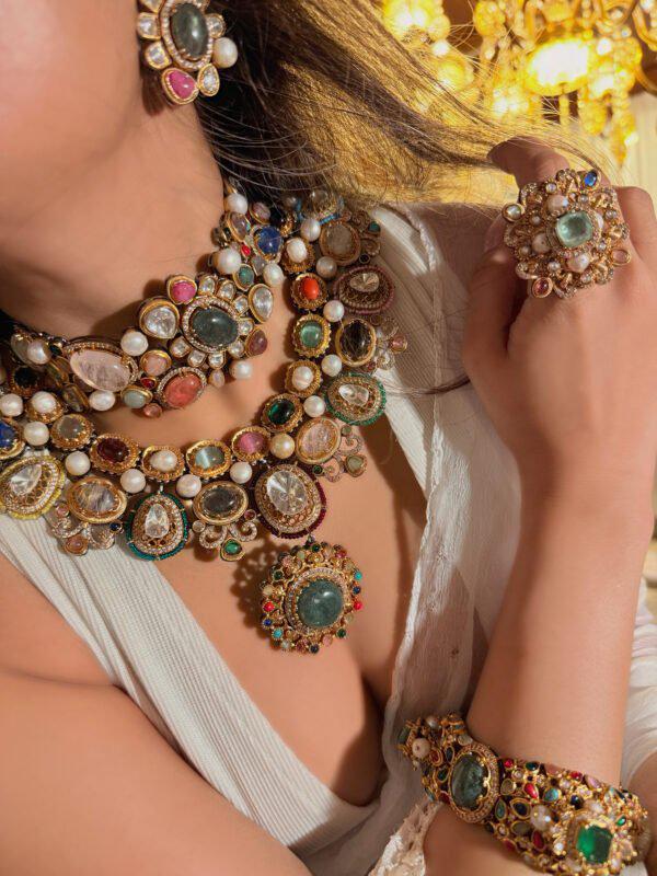 Premium Quality Navratan Sabyasachi Replica Indian Jewelry Kundan Necklace Full Set