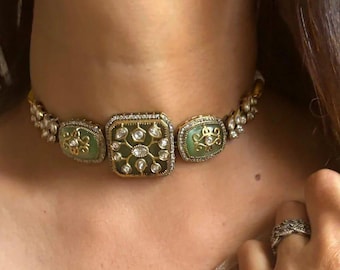 Gargantilla india sencilla verde claro, un éxito de ventas / Joyería india / Conjunto de colgante / Rani haar / Collar nupcial / Boda india