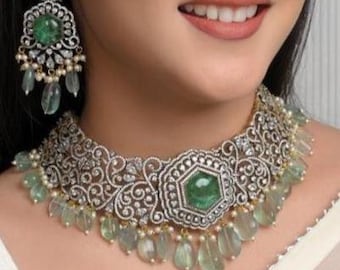 Mint Green Antique Polki Choker Set, Diamond Jadau Filigree Necklace, Sabyasachi Inspired, Indian Pakistani Bridal Jewelry for Her