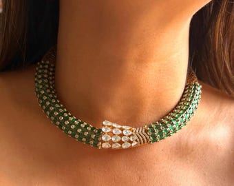 Emerald Indian Kundan Choker Necklace Set Hasli Necklace Green Kundan Polki Jewelry Sabyasachi Tyaani Bollywood Inspired Jewellery