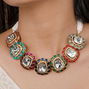 Navratan Kundan Gold Plated Polki Necklace Set - Polki Jewelry - Wedding Jewelry Set - Indian Kundan Neckolace