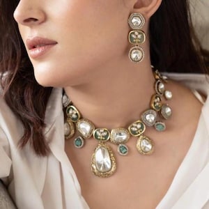 Victorian-Inspired Sabyasachi Style Light Blue Turquoise Mint Moissanite Polki Kundan Necklace | Bollywood Designer Statement Jewelry