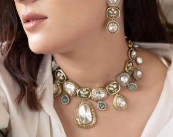 Victorian-Inspired Sabyasachi Style Light Blue Turquoise Mint Moissanite Polki Kundan Necklace | Bollywood Designer Statement Jewelry