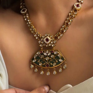 Amrapali-Inspired Gold Plated Green Two-Layer Uncut Kundan Polki Necklace Set with Earrings | Layered Kundan Necklace | Indian Jewelry