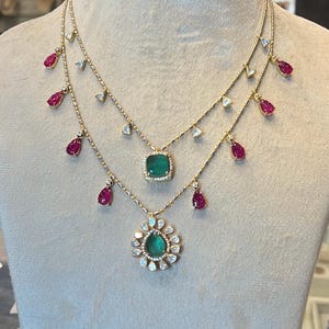 Sabyasachi-Inspired Layered Indian Necklace Set | Moissanite, Emerald Green, Ruby & Gold Tones Indian Artificial Set