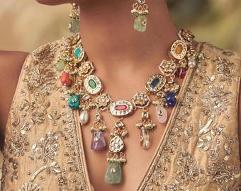 Victorian Navratan Kundan Indian Bollywood Necklace Set - Multicolor Gemstone Bridal Jewelry - Indian Navratan Jewelry