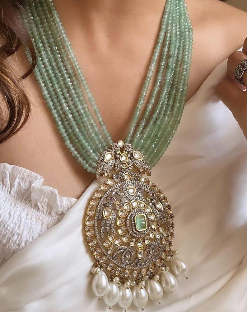Mint Green Victorian-Style Long Kundan Necklace | Raani Haar | Artificial Indian Jewelry | South Asian Bridal Jewelry | Pakistani Jewelry image 4