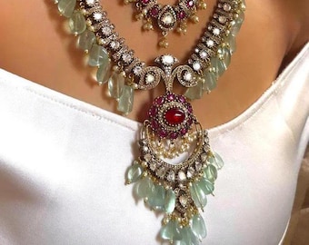 Layered Moissanite, Ruby & Green Polki Uncut Rani Haar Necklace Set | Sabyasachi-Inspired Statement Jewelry | Bollywood Style Bridal Set