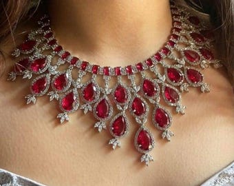 High Quality Ruby Red Cz Diamond Choker Necklace Set Ruby Diamond Set Pakistani Indian Necklace Bridal Red Set Hollywood Jewelry Set Punjab