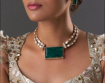 Emerald Green Victorian Choker, Sabyasachi Inspired Necklace Set, Indian Bridal Jewelry, Pakistani Kundan Choker,Bollywood Statement Jewelry