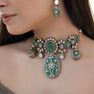 Ice Mint Green Victorian-Inspired Sabyasachi Choker | Indian Bridal Jewelry | Bollywood-Style Necklace