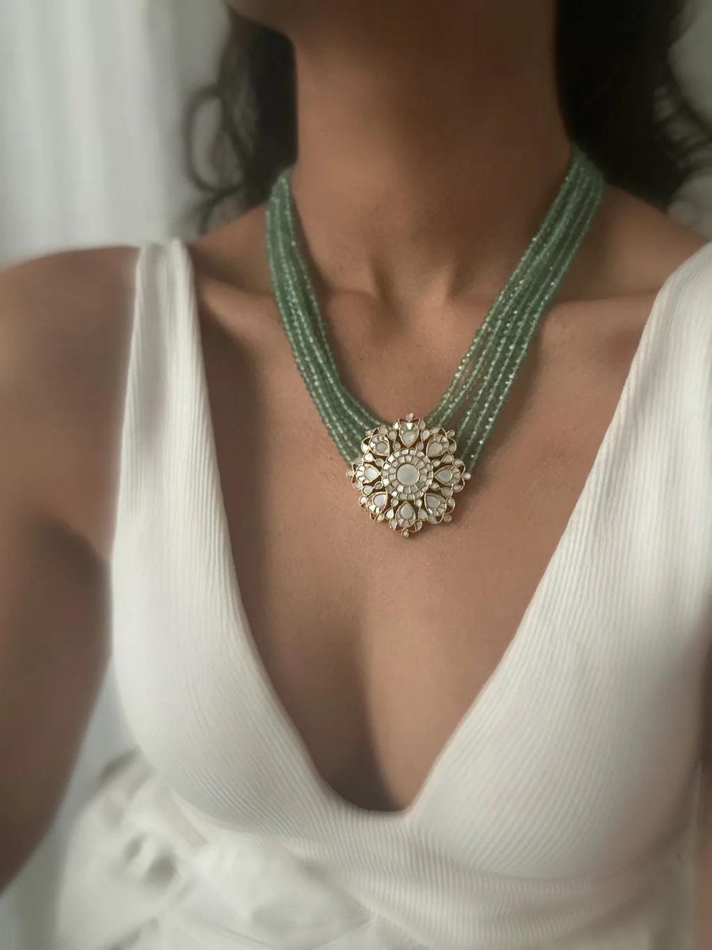Mint Green Mother of Pearl Necklace with Earrings – Kundan Indian Necklace Set for Weddings - 18k Gold Plated Statement piece