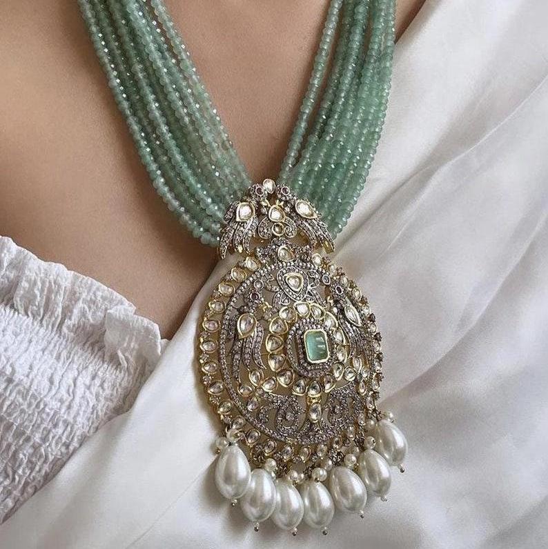 Mint Green Victorian-Style Long Kundan Necklace | Raani Haar | Artificial Indian Jewelry | South Asian Bridal Jewelry | Pakistani Jewelry image 1
