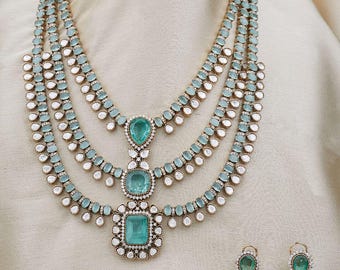 Turquoise Oxidized Feroza Moissanite Polki Layered Necklace Set - Indian Kundan Artificial Jewelry Set Sabyasachi Inspired