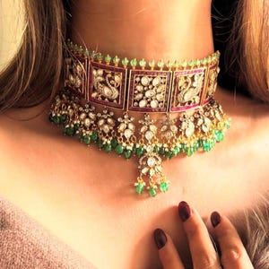 Sabyasachi Inspired Ruby Red and Green Polki Kundan Choker, Victorian Jadau Moissanite Bridal Necklace Set Indian Choker Bollywood