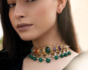 Sabyasachi inspired green/navratan Choker set earrings/Indian Pakistani Necklace Set/Bridal jewelry/Statement necklace/Bollywood bridal Asia