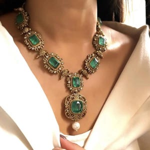 Victorian Sayasachi replica Emerald Green Kundan Necklace Set, Indian Bridal Jewelry | Polki Jewelry Set | Kundan Artficial Jewelry Set