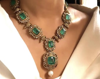 Victorian Sayasachi replica Emerald Green Kundan Necklace Set, Indian Bridal Jewelry | Polki Jewelry Set | Kundan Artficial Jewelry Set
