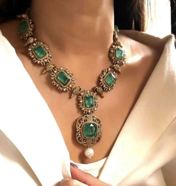 Victorian Sayasachi replica Emerald Green Kundan Necklace Set, Indian Bridal Jewelry | Polki Jewelry Set | Kundan Artficial Jewelry Set