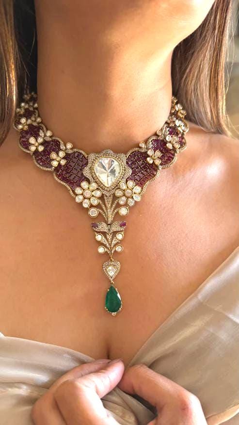 Victorian-Inspired Sabyasachi Ruby Emerald Moissanite Polki Kundan Necklace Set | Bollywood Designer Statement Indian Jewellery