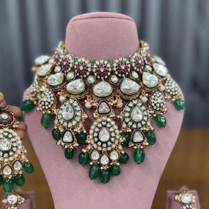Indian Bollywood Bridal Emerald Green Victorian Kundan Jewelry Set - Maangtikka & Earrings - Green and Ruby Stones Polki Wedding Jewelry