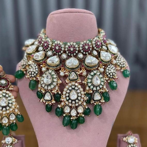 Indian Bollywood Bridal Emerald Green Victorian Kundan Jewelry Set - Maangtikka & Earrings - Green and Ruby Stones Polki Wedding Jewelry