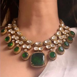 Fine Gold Finish Emerald Green Doublet Stones Uncut Moissanite Polki Kundan Wedding Jewelry Necklace Set with Earrings Sabyasachi Jewelry