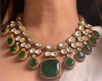 Fine Gold Finish Emerald Green Doublet Stones Uncut Moissanite Polki Kundan Wedding Jewelry Necklace Set with Earrings Sabyasachi Jewelry