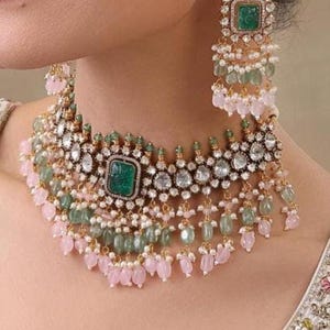 Grönt & Rosa Pastell Polki Indiskt Kundan Choker Polki Bröllopsset - Guldfinish Kundan Smycken Sabysachi-inspirerade