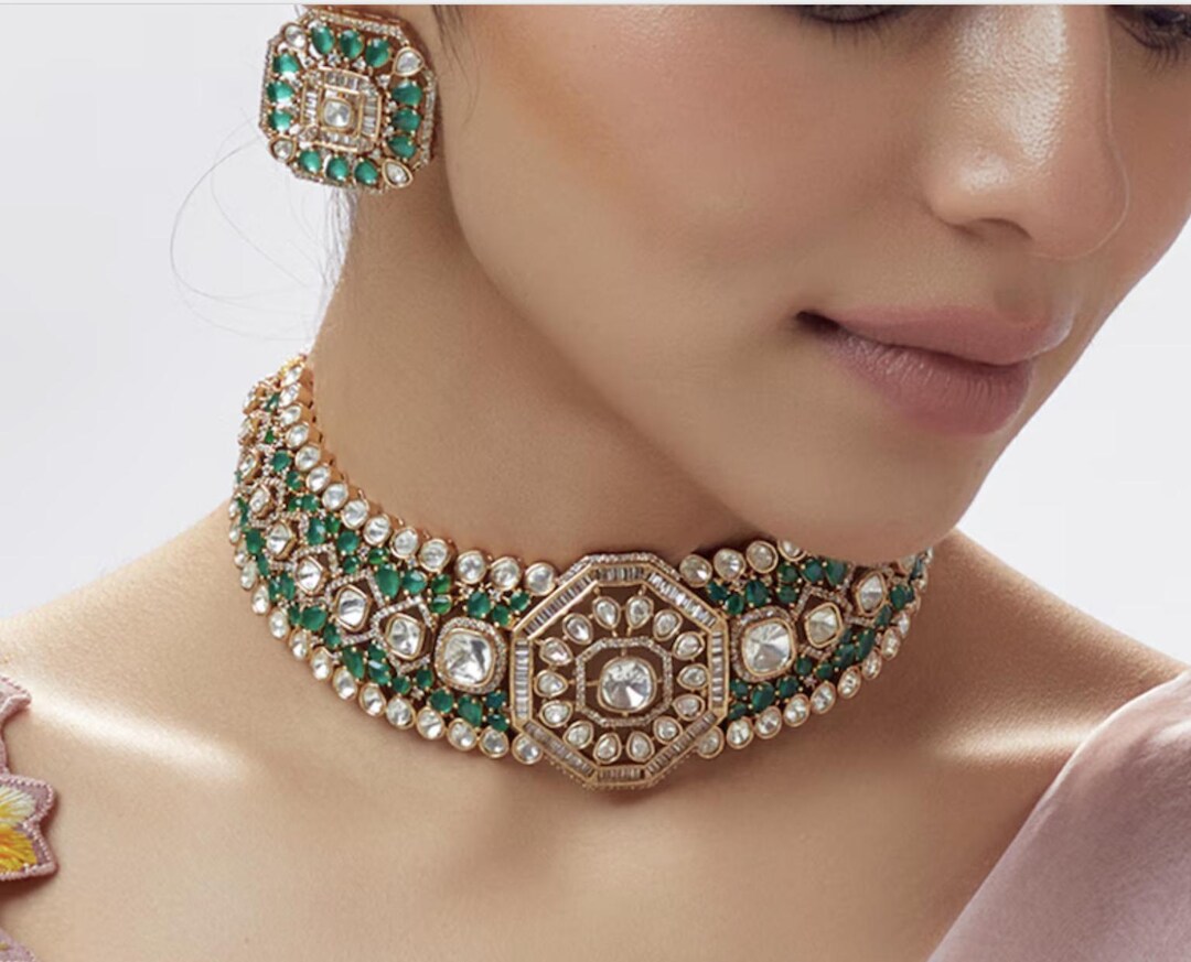 Deepika Padukone Inspired Polki Green Cubiz Zirconias Statement Choker ...