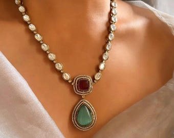 Moissanite Elegant Kundan Green Ruby Indian Artificial Necklace Set | Sabyasachi-Inspired Statement Jewelry | Bollywood Style Necklace Set