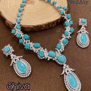 Premium Stunning High Quality Designer Turquoise Statement Necklace Piece with Earrings Bollywood Indian Jewelry Set Kundan Polki image 1