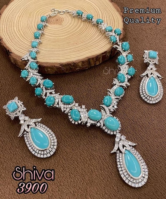 Premium Stunning High Quality Designer Turquoise Statement Necklace Piece with Earrings Bollywood Indian Jewelry Set Kundan Polki