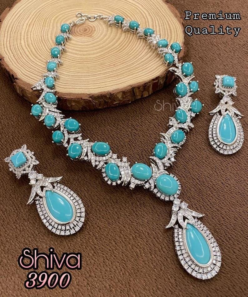 Premium Stunning High Quality Designer Turquoise Statement Necklace Piece with Earrings Bollywood Indian Jewelry Set Kundan Polki image 1