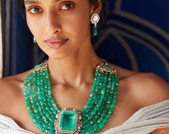 Sabyasachi Inspired Emerald Green Layered Long Necklace Set, Pakistani Bridal Wedding Jewelry, Indian Traditional Polki Kundan Necklace Set