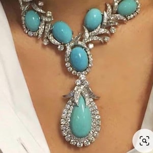 Premium Stunning High Quality Designer Turquoise Statement Necklace Piece with Earrings Bollywood Indian Jewelry Set Kundan Polki image 2